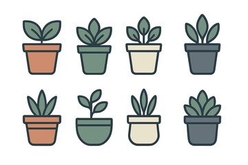 Obraz premium Eight stylized potted house plants and seedlings in various containers