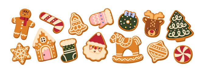 Naklejka na ściany i meble Gingerbread cookies set. Christmas ginger bread, winter holiday biscuits. Sweet Xmas food, festive dessert treat, bakery decorated with icing. Flat vector illustrations isolated on white background.