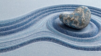 A single pebble rests at the center of intricate circular patterns in fine sand, surrounded by soothing blue tones,