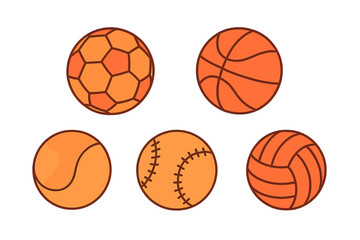 Obraz premium Set of five sports equipment balls: soccer, basketball, tennis, baseball, and volleyball