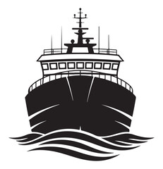 A striking black and white illustration of a large cargo ship sailing through wavy waters.