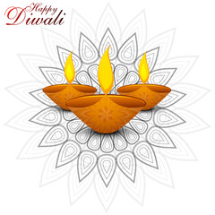 Happy Diwali Festival Greeting Background with Three Glowing Diyas, Ornate Mandala Pattern, Warm Festive Lights, and Elegant Indian Celebration Design for Holiday Card or Poster