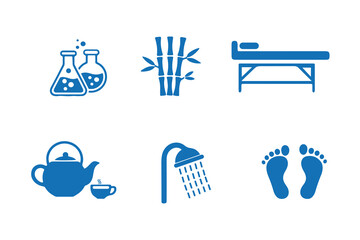ArtSpa and Wellness Icons Set – Bamboo, Massage Table, Shower, Teapot, Footprint, and Laboratory Flask Vector Design