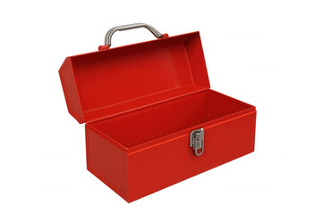Red metal toolbox opening, showing empty storage container for tools, objects, or ideas on a transparent background