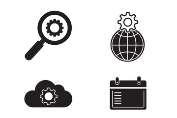 Technology Settings Icons Set – Gear, Cloud, Globe, Calendar & Magnifying Glass Vector Symbols
