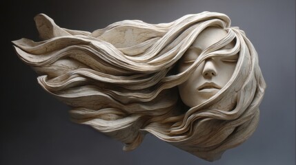 A serene sculpture of a young woman's face partially covered by flowing hair, eyes closed in peaceful introspection,