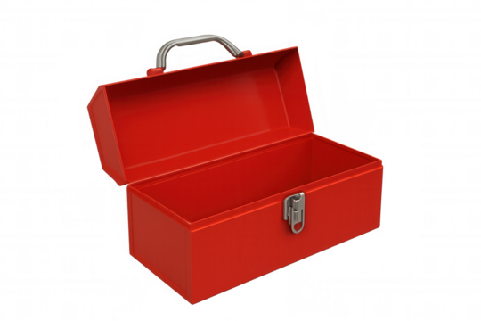 Red metal toolbox opening, showing empty storage container for tools, objects, or ideas on a transparent background