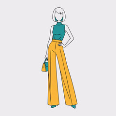 Modern flat vector illustration of a stylish woman in a teal top and vibrant wide-leg yellow pants, exuding contemporary fashion and confident elegance