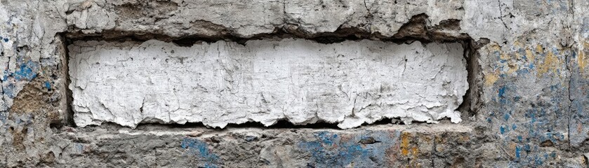 Obraz premium Missing poster template on city street wall concept. Close-up of cracked concrete wall with texture and peeling paint.