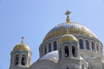 Stavropol St. Nicholas Naval Cathedral in Kronstadt sea anchors on the dome