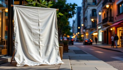 An outdoor urban setting during evening hours. A large white canvas is draped over a railing along a sidewalk, partially covering what appears to be a small balcony