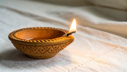 Traditional Clay Diya Oil Lamp Lit for Diwali Festival Celebration
