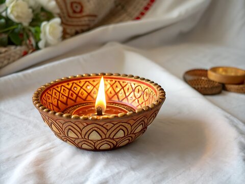 Traditional Clay Diya Oil Lamp Lit for Diwali Festival Celebration