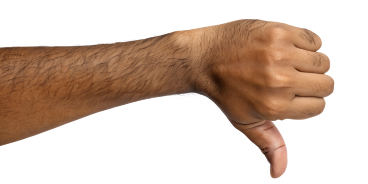 Latino Male Hand Giving Thumbs Down – Realistic Skin Tone, Studio Lighting, Transparent PNG