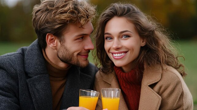 Skeletons couple drinking orange cocktails concept. A cheerful couple enjoying drinks in a beautiful outdoor setting.