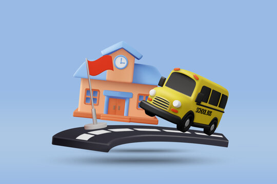 3D vector illustration render of yellow school bus driving on road, school building, red flag, back to school concept for educational media, school banner, education event promotion.