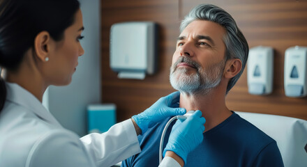 A doctor examines a middleaged mans throat in a medical examination room, highlighting a healthcare consultation and patient care