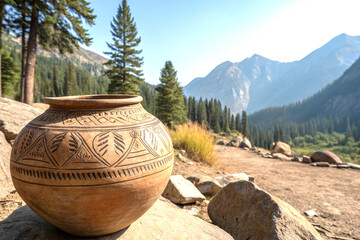 Ancient terracotta pot with ornate tribal patterns in rustic mountain landscape
