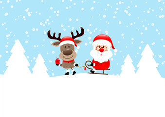 Karte Rentier Geschenk Zieht Schliiten Mit Weihnachtsmann Schnee Wald Blau