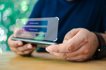 Man use smartphone typing password in glowing hud screen, with a secure login box, concept of digital security and privacy