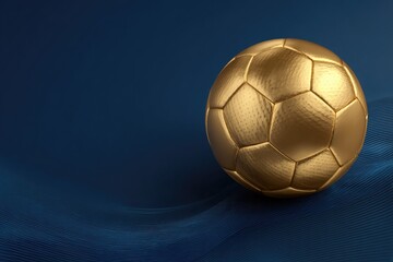 Fototapeta premium A golden soccer ball rests on a dark blue, subtly undulating surface, against a matching background. The ball's texture is subtly patterned, suggesting leather