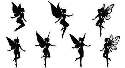 Fototapeta premium Black fairy silhouettes with wings white background