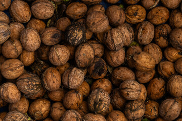 Walnut peeled kernels and whole walnuts on rustic wooden background. Healthy nuts food. Macro. Cracked shells