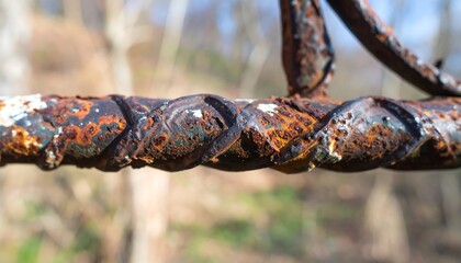 Close-up of rusty, twisted metal pipe.  Oxidized, intricate design.  Blurred background of trees and foliage