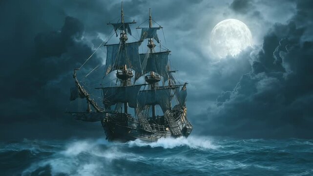 Mysterious old sailing ship on stormy sea under full moonlight with dramatic clouds and dark ocean waves