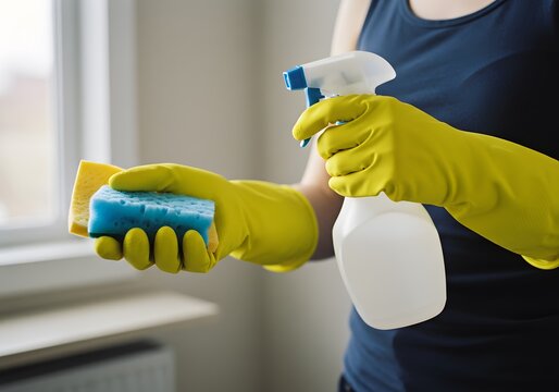 A person's hand holding a spray bottle and sponge ready for cleaning a house. They wear gloves while cleaning