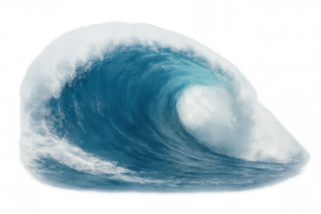 Powerful ocean wave breaking with foamy crest and clear blue water, representing strength and nature's force on transparent background