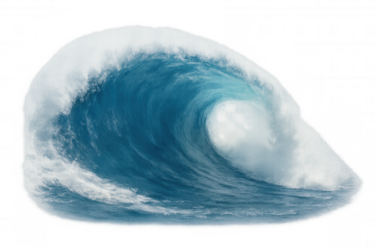 Powerful ocean wave breaking with foamy crest and clear blue water, representing strength and nature's force on transparent background