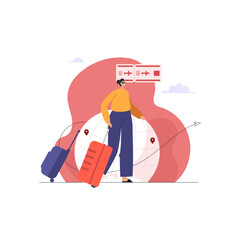 World tourism day woman traveler walking with luggage bags in hand travel around the world