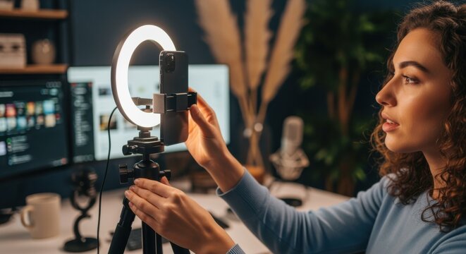 Influencer mounting smartphone in ringlight holder with adjustable height tripod highlighting ergonomic setup for seamless live streaming sessions.