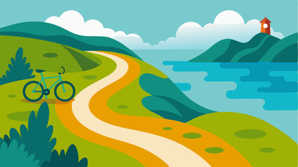 Obraz premium A bike trail meandering through a scenic coastal landscape promoting ecofriendly transportation options for exploring nature.