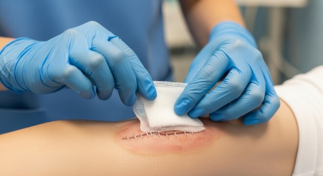 Medical professional dressing surgical wound with care and precision