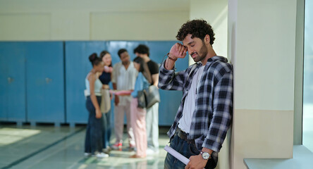 Indian sad young adult gen z man guy feel low look upset hold result paper report card fail in...