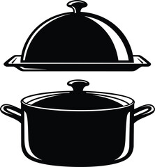 Black and white kitchen cookware illustration with pot and serving dome lid, cooking utensil vector design for restaurant, chef, and culinary concept