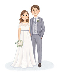 Fototapeta premium A couple dressed in wedding attire, showcasing a bride in a white gown and a groom in a grey suit, both smiling warmly.