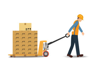 One worker is moving heavy boxes of goods by the hand pallet truck on white background. Vector illustration EPS 10.