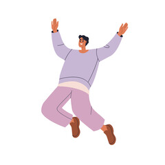 Happy excited man flying, jumping up with joy expression. Energetic joyful carefree pose in air, fun movement. Person rejoicing in hop, leap. Flat vector illustration isolated on white background.