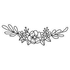 Floral Element Design Black Outline Bouquet Centered on Transparent Background with Delicate Petals Detailed Leaves Line Art Isolated