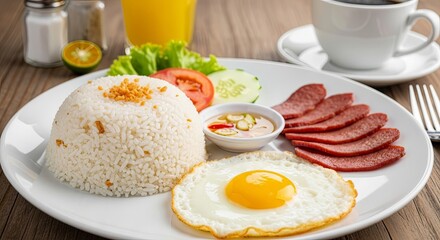 Fototapeta premium Delicious Filipino Breakfast: Garlic Rice, Fried Egg, Sausage, Coffee, and Juice.