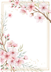 A delicate arrangement of pink cherry blossoms with green leaves, framed elegantly against a contrasting dark background.