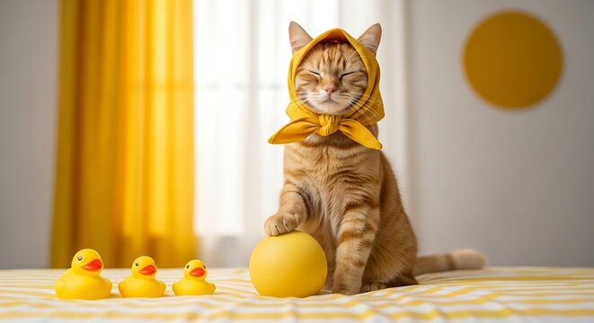 A Serene Tabby Cat in a Yellow Headscarf Amidst a Sunny, Playful Scene. - Powered by Adobe