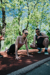 Group engaging in an outdoor exercise routine on a track, surrounded by trees and vibrant nature, fostering teamwork, health, and wellness