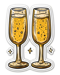 Two champagne glasses clinking with golden sparkles, drawn in a playful and whimsical festive style. Soft elegant tones, flat colors, clean outline, bold lines, and a white border, symbolizing joyful 