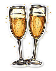 Two champagne glasses clinking with golden sparkles, drawn in a playful and whimsical festive style. Soft elegant tones, flat colors, clean outline, bold lines, and a white border, symbolizing joyful 