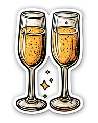 Two champagne glasses clinking with golden sparkles, drawn in a playful and whimsical festive style. Soft elegant tones, flat colors, clean outline, bold lines, and a white border, symbolizing joyful 