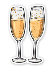 Two champagne glasses clinking with golden sparkles, drawn in a playful and whimsical festive style. Soft elegant tones, flat colors, clean outline, bold lines, and a white border, symbolizing joyful 